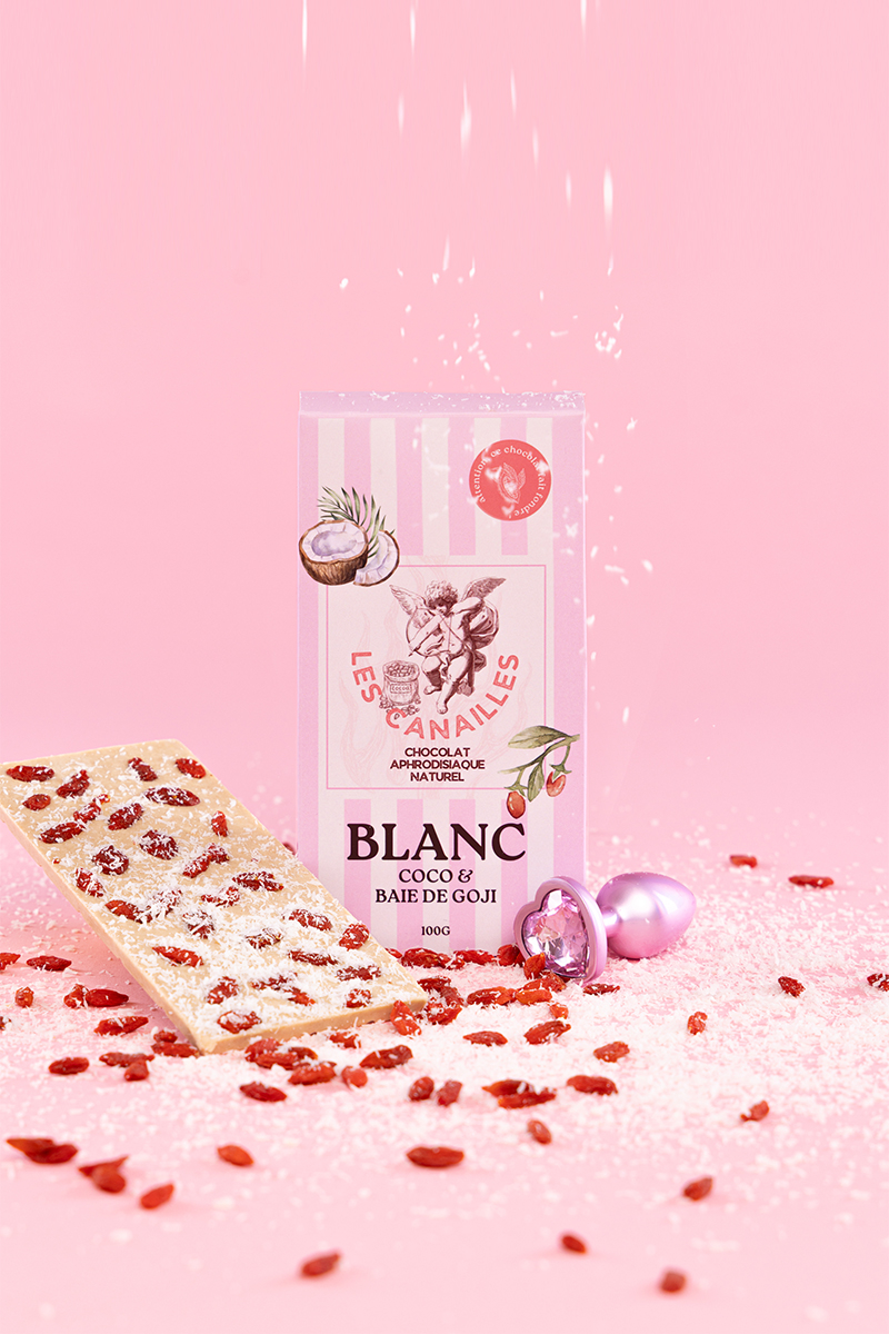Chocolat aphrodisiaque • Blanc, Noix de coco et baie de Goji • 100g