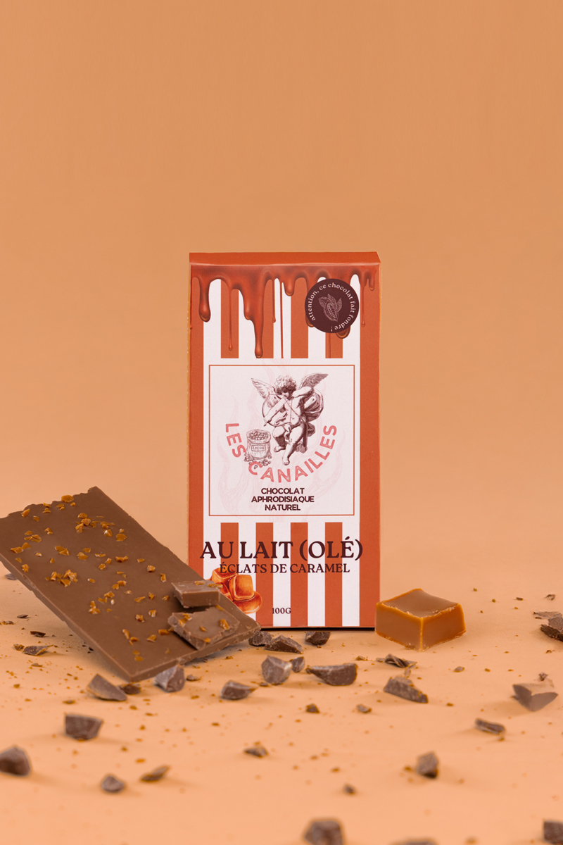 Chocolat aphrodisiaque • Lait, éclats de Caramel • 100g