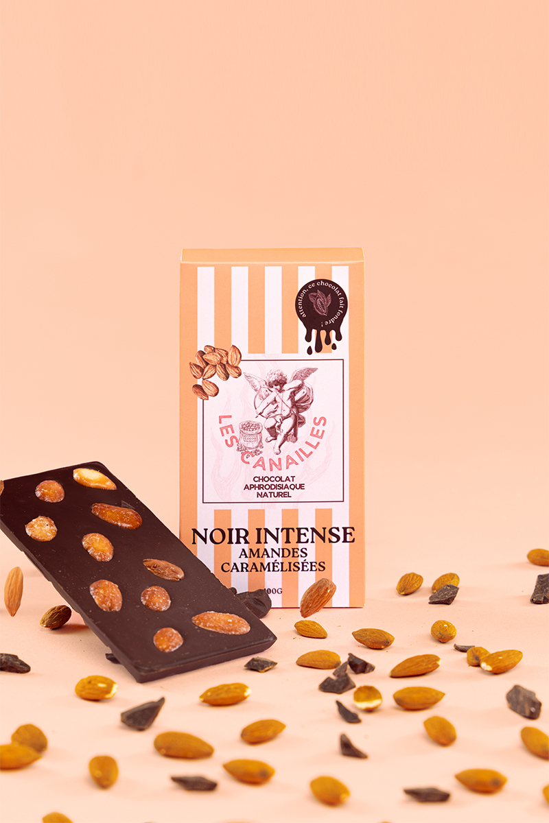 Chocolat aphrodisiaque • Noir, Amandes caramélisées • 100g