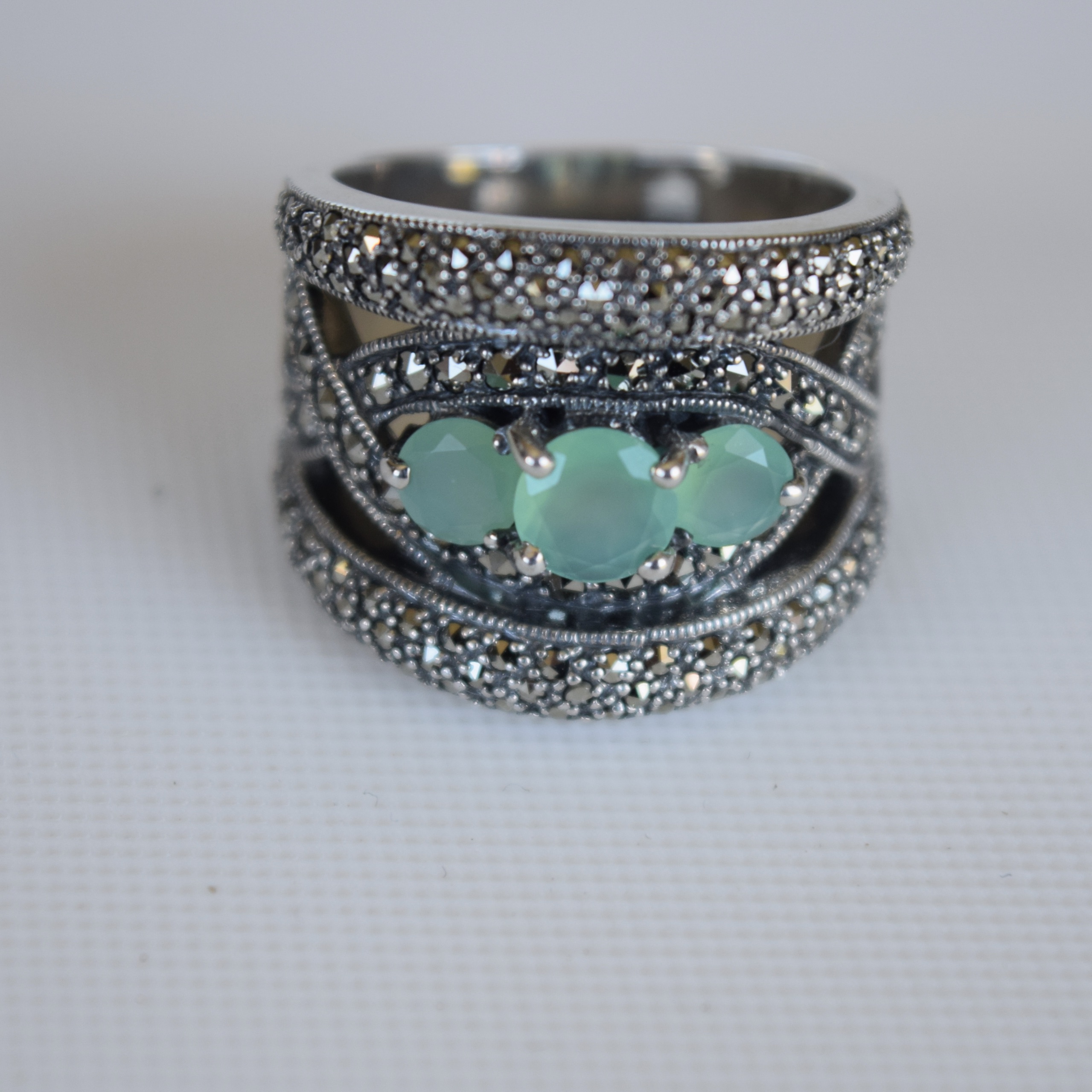 BAGUE CHRYSOPRASE ET MARCASSITES ARGENT 925
