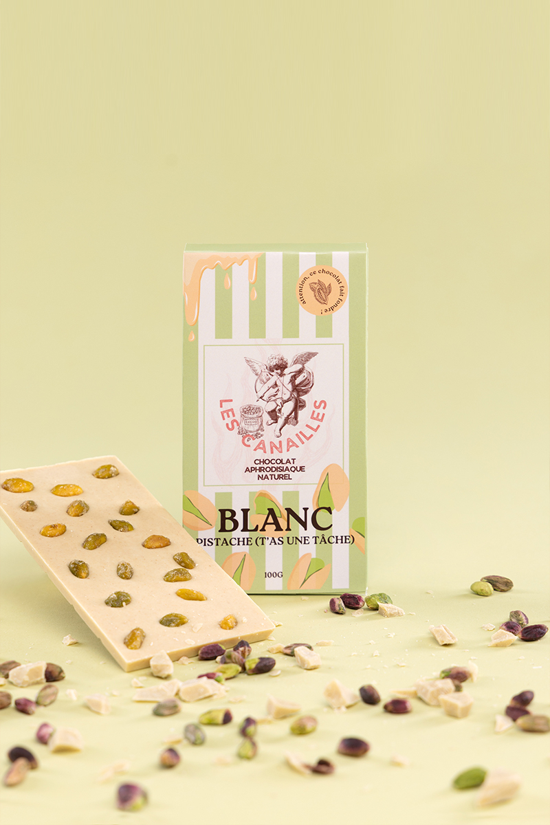 Chocolat aphrodisiaque • Blanc, Pistache • 100g