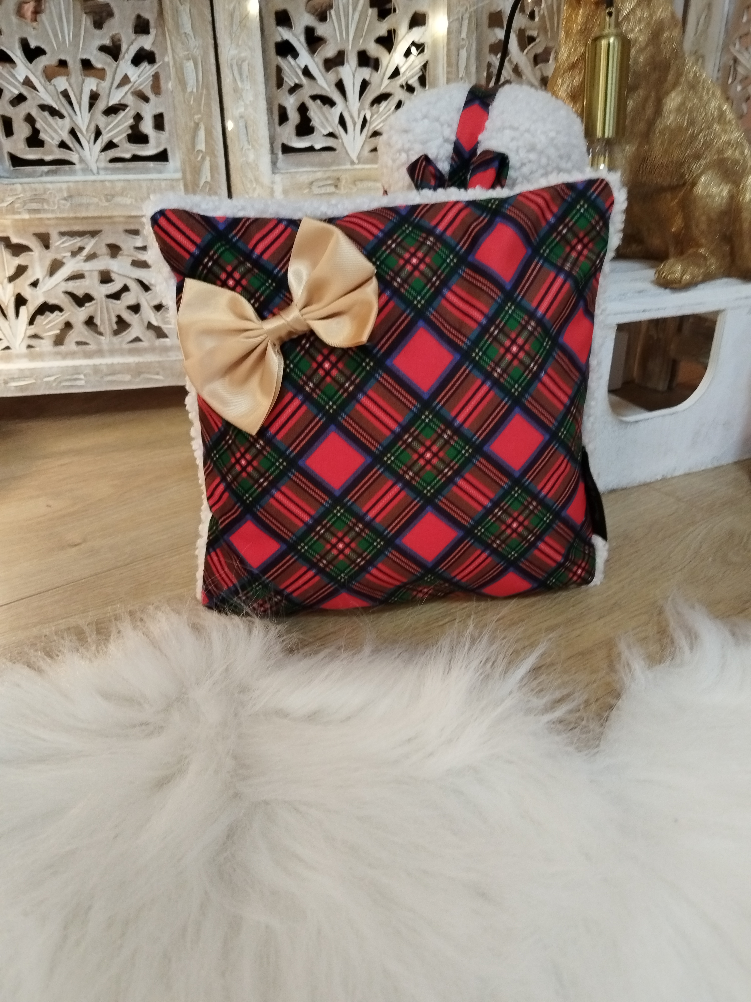 Housse Coussin 25x25 -  Tradition - Écossais Noeud doré