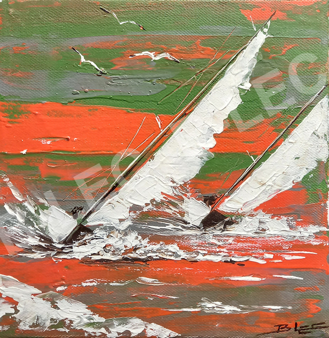 .Bateaux sur fond kaki et orange