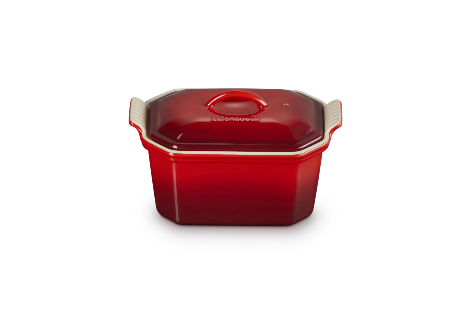 Terrine foie gras rectangle 600 grammes en céramique avec presse cerise,  Le Creuset