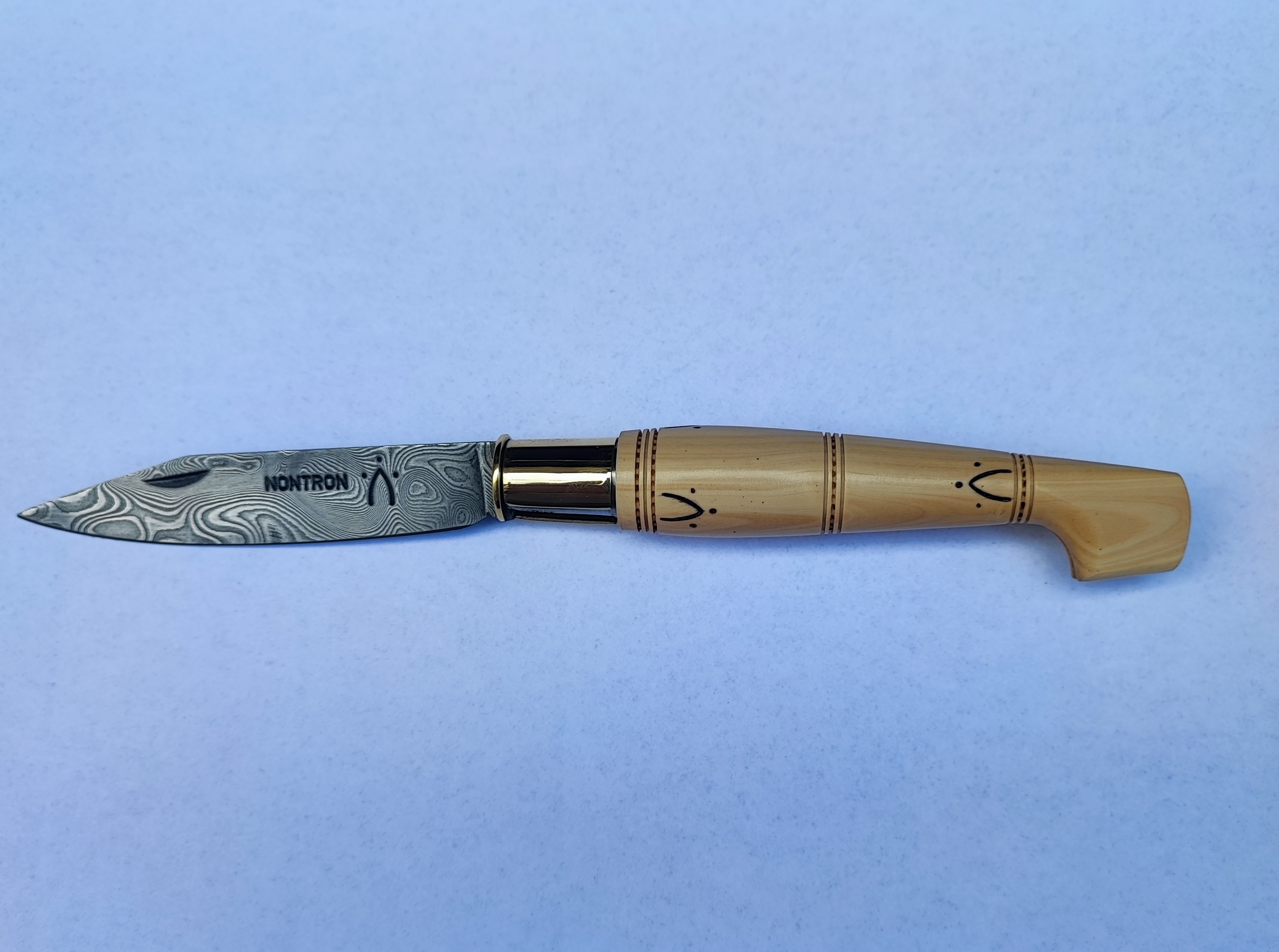 25 VIROLE manche en buis 12CM, lame Damas, couteau NONTRON 